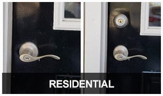 Photo of a residential door before and after the installation of a new deadbolt lock